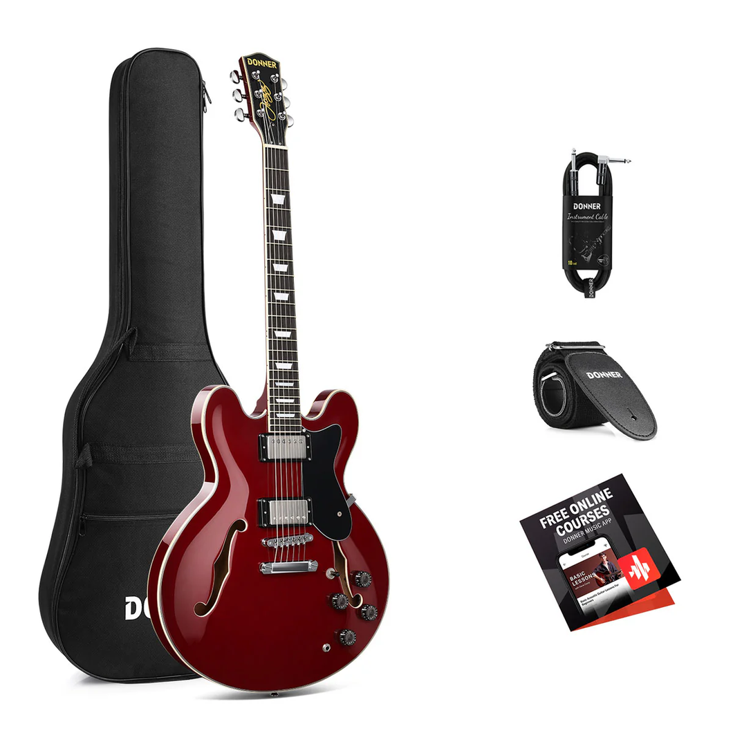 Guitarra Eléctrica Semihollow Donner DJP-1000 Rojo vino