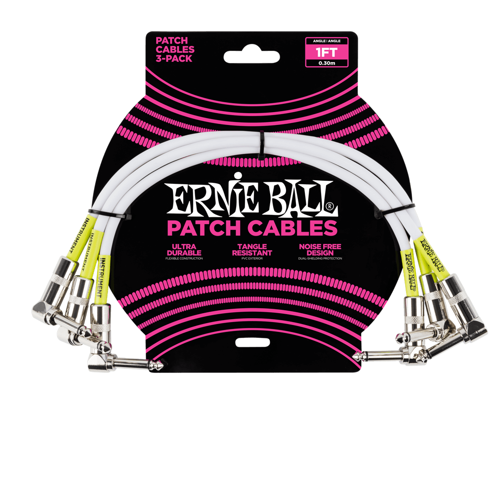 Paquete de 3 Cables Patch 1ft Ernie Ball Angle to Angle Blanco