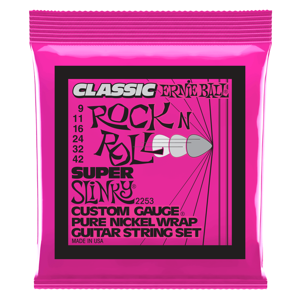 Ernie Ball Super Slinky Classic Rock n Roll Electric Guitar Strings Pure Nickel Wrap 9-42
